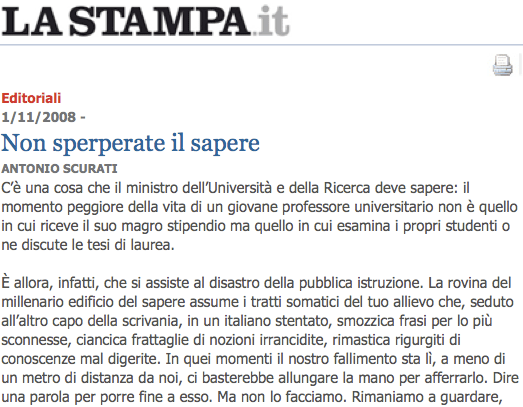 A. Scurati, Non sperperate il sapere, La Stampa, 1.11.2008