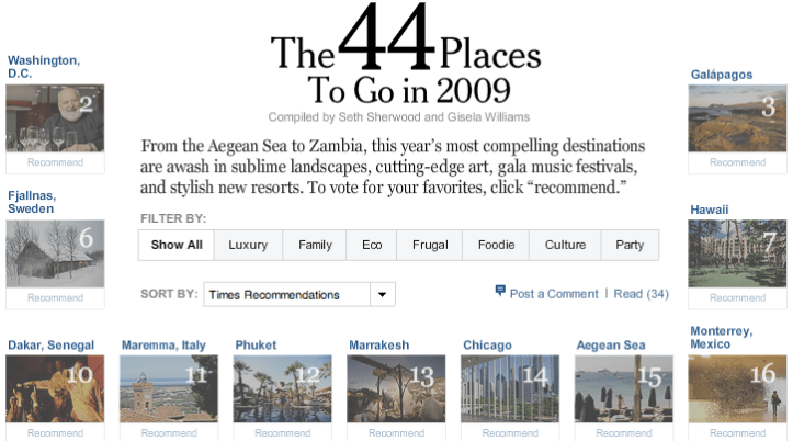 New York Times > 44 places to go in 2009 > sommario interattivo