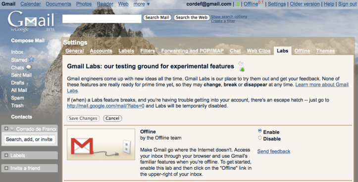 Gmail > Settings > Labs > Offline