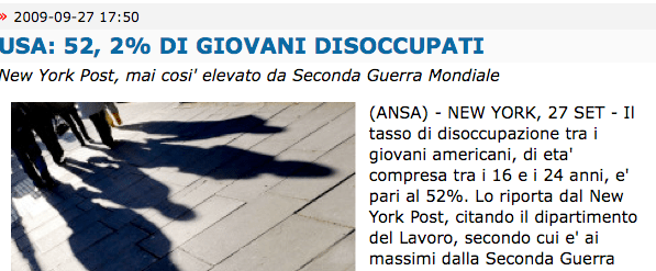 ANSA > 26.09.2009 > Disoccupazione giovanile USA al 52.2%