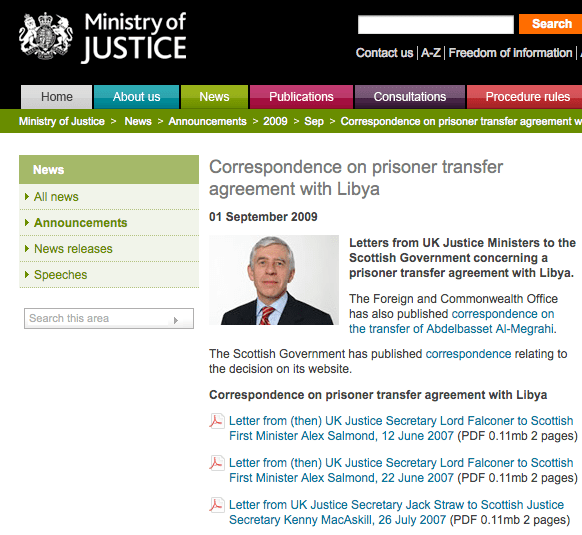 UK Ministry of Justice > Correspondence on prisoner transfer agreement with Libya
