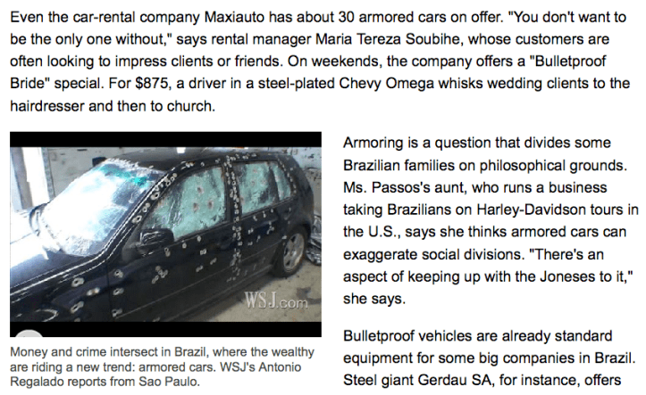 Wall Street Journal > On São Paulo's Mean Streets, the Rich Roll in Armored Splendor (Antonio Regalado)